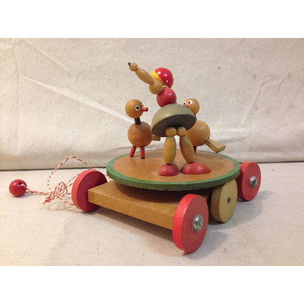 Vintage Austrian Wooden Girl with Farm Animals Pull Toy