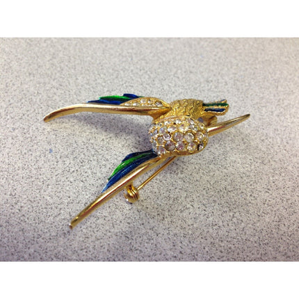 Vintage Sphynx Signed Rhinestone & Enamel Hummingbird Pin Brooch