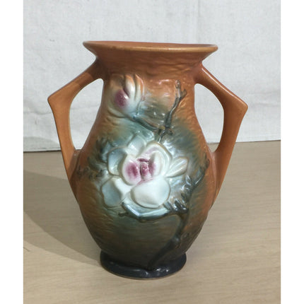 Vintage 7" Roseville Pottery Brown Magnolia Double Handle Vase Vase 90-7
