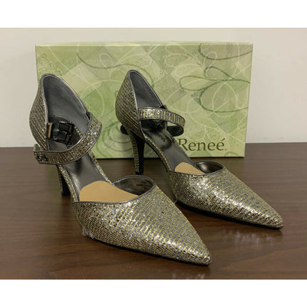 J. Renee Trudi Pewter Heels 8N Crinkled Foil Leaf Fabric Rhinestone Buckle NIB