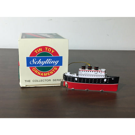 2 Schylling Tin Toy Ornaments – Robot & Ocean Liner (1997 Reproduction) w/ Boxes