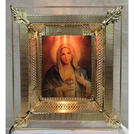 3D Jesus & Mary Hologram Light-Up Shadow Box Picture Brass Tone Metal Frame
