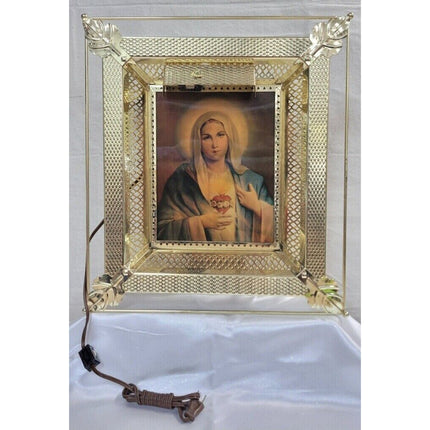 3D Jesus & Mary Hologram Light-Up Shadow Box Picture Brass Tone Metal Frame
