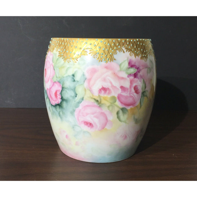 T&V Limoges France Hand Painted Porcelain Bowl Vase Floral Gold Trim 5.75"