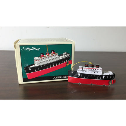 2 Schylling Tin Toy Ornaments – Robot & Ocean Liner (1997 Reproduction) w/ Boxes