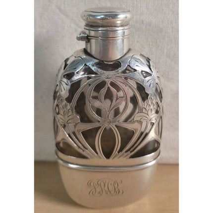 Antique 1903 Sterling Silver Monogrammed Overlaid Glass Flask