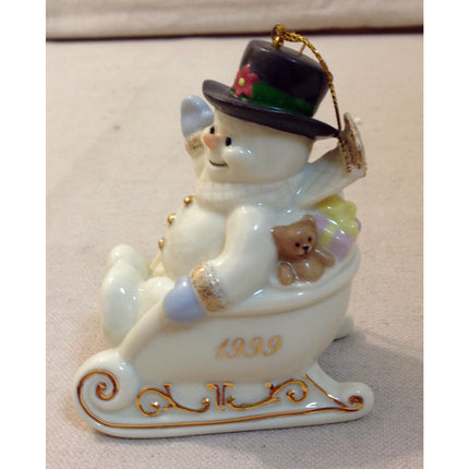 Lenox 1999 Annual Christmas Ornament Fine China w/ 24K Gold Snowman in a Sled