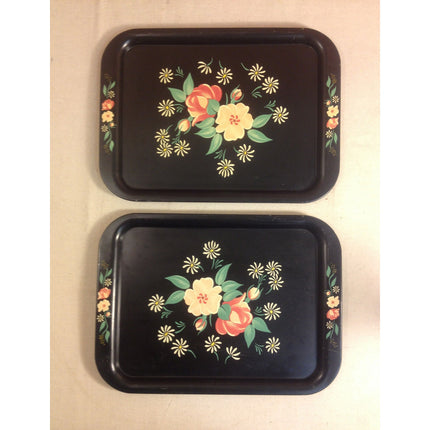 4 Mid-Century Modern TV Serving Trays – Black Floral Design, 1950s-60s