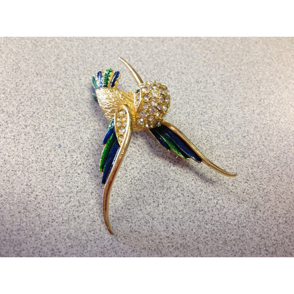 Vintage Sphynx Signed Rhinestone & Enamel Hummingbird Pin Brooch