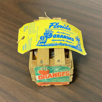 VTG 1950s Souvenir Florida Candy Oranges in Wooden Crate w/ Miami Mailing Tag
