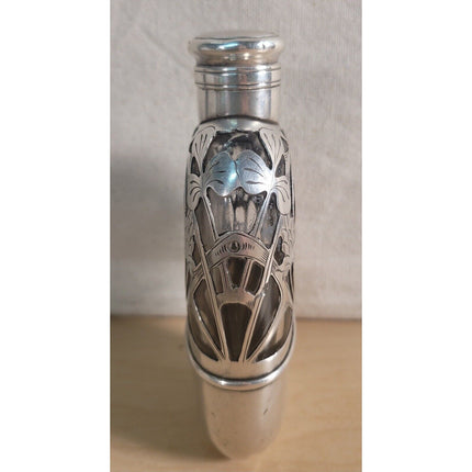 Antique 1903 Sterling Silver Monogrammed Overlaid Glass Flask