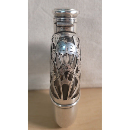 Antique 1903 Sterling Silver Overlay Glass Flask Monogrammed Christmas 1903
