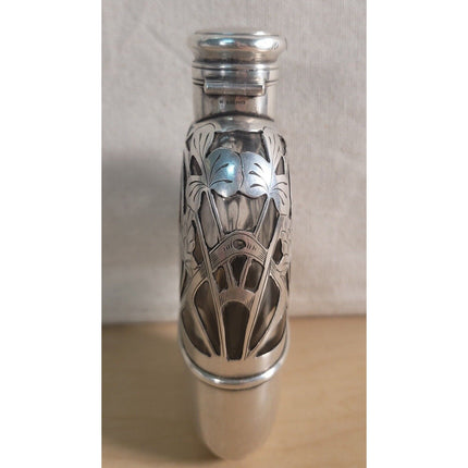 Antique 1903 Sterling Silver Monogrammed Overlaid Glass Flask