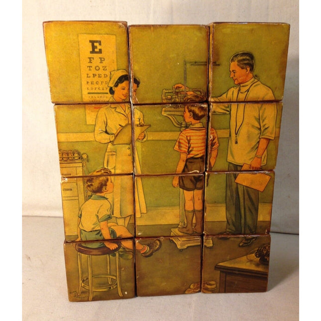 Vintage 1950s Hand-Laminated Pictures Wooden Toy Building Blocks – Set of 12