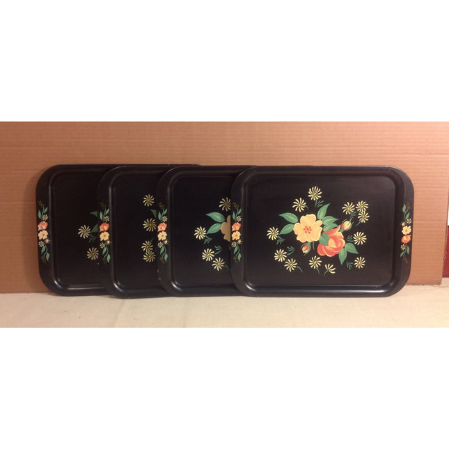 4 Mid-Century Modern TV Serving Trays – Black Floral Design, 1950s-60s