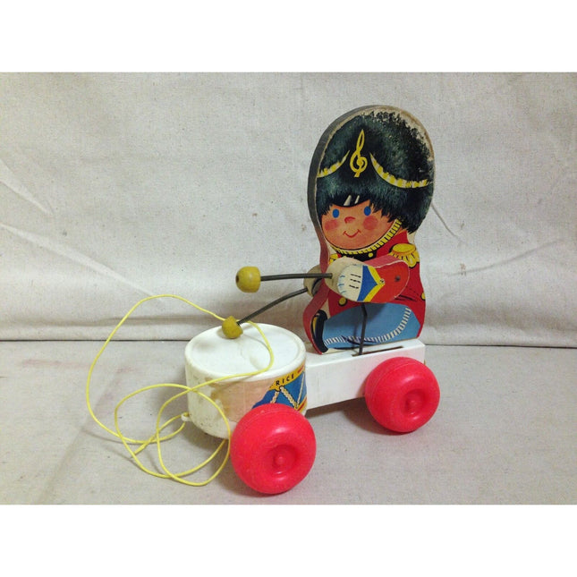 Vintage 1960s Fisher Price Drummer Boy Pull Toy #634 Wood Plastic 8.5"
