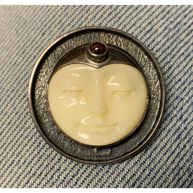 Vintage 925 Sterling Silver Man in the Moon Brooch Pin w/ Purple Glass Stone