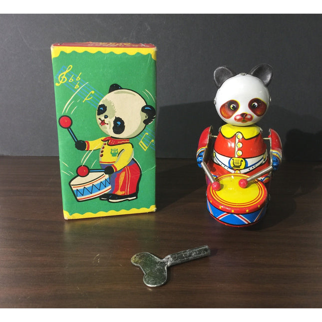 Vintage Clockwork Panda Drummer Wind-Up Tin Toy – NIB 3 3/4” China – WORKING