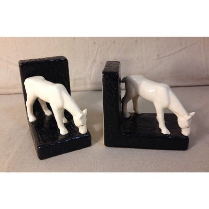 Vintage 1940s-50s Czechoslovakia Porcelain Bookends White Horses on Black