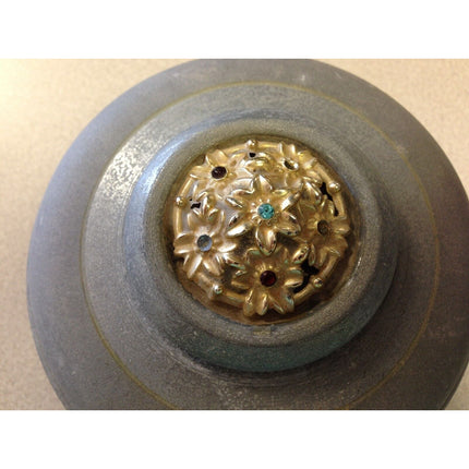 Vintage Round Metal Music Jewelry Trinket Box w/ Powder Puff