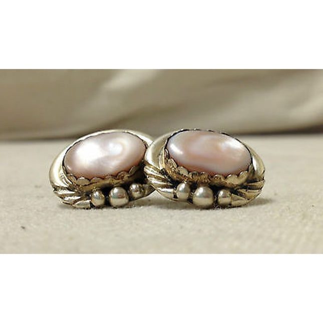 Sterling Silver 925 Navajo-Style Mother of Pearl Pierced Earrings