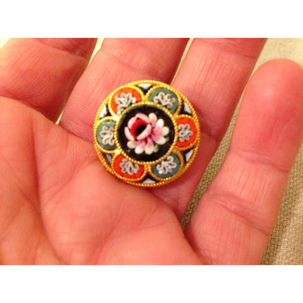 Vintage Italian Micro Mosaic Floral Round Pin / Brooch