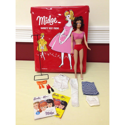 VTG 1963 Mattel Midge Doll #860 Straight Leg Brunette Original Outfit + Extras