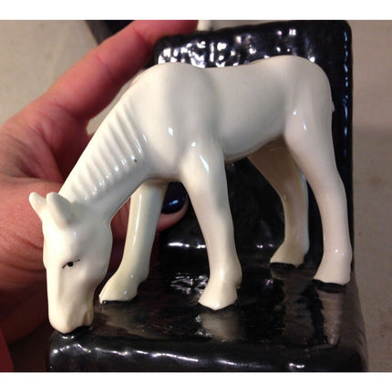 Vintage 1940s-50s Czechoslovakia Porcelain Bookends White Horses on Black
