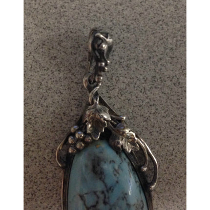 925 Sterling Silver Signed Turquoise Pendant – Ornate Grape & Leaf Design