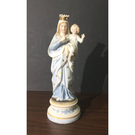 VTG 1940s Porcelain Madonna Mary with Child Figurine – Blue & White w/ Gold Trim