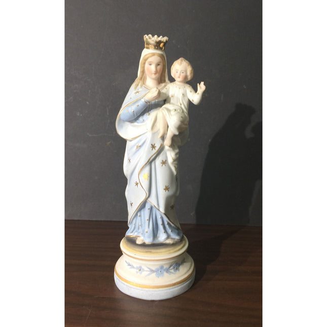 VTG 1940s Porcelain Madonna Mary with Child Figurine – Blue & White w/ Gold Trim