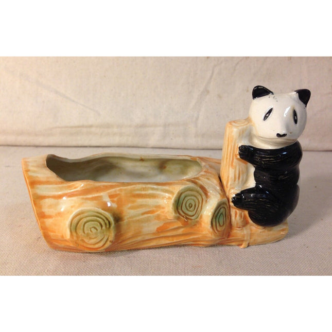 Vintage Occupied Japan Panda Bear Porcelain Log Planter