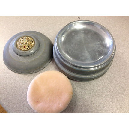 Vintage Round Metal Music Jewelry Trinket Box w/ Powder Puff