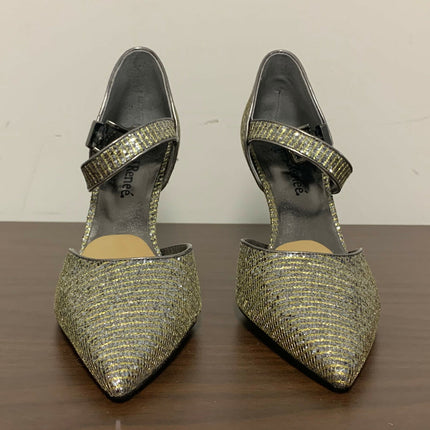 J. Renee Trudi Pewter Heels 8N Crinkled Foil Leaf Fabric Rhinestone Buckle NIB