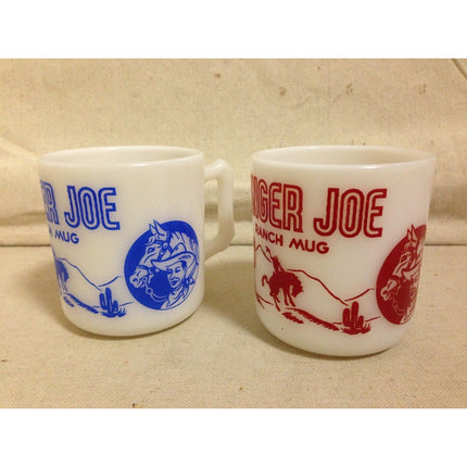 Vintage Hazel Atlas Ranger Joe Milk Glass Child's Mugs Red Blue Set of 2