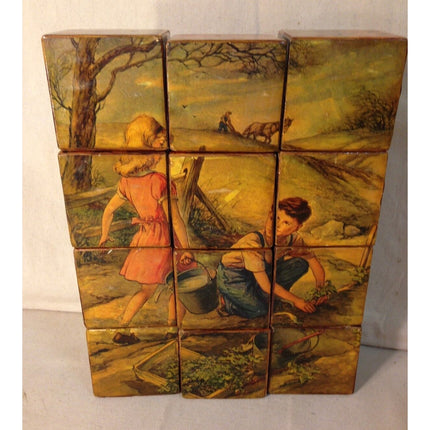 Vintage 1950s Hand-Laminated Pictures Wooden Toy Building Blocks – Set of 12