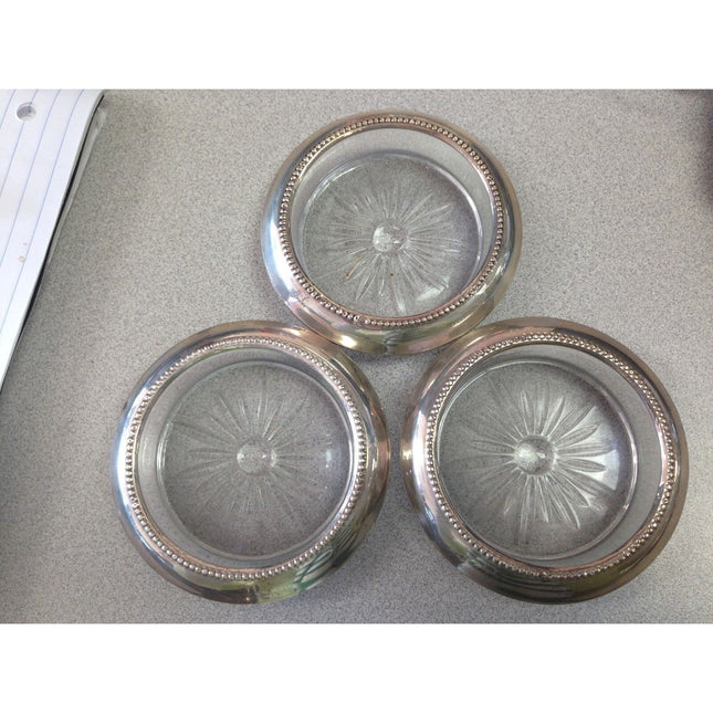 Vintage B.I. Sterling Silver Coasters Surrounding Crystal Bases – Set of 3