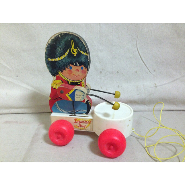 Vintage 1960s Fisher Price Drummer Boy Pull Toy #634 Wood Plastic 8.5"