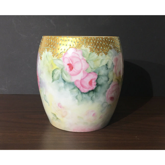 T&V Limoges France Hand Painted Porcelain Bowl Vase Floral Gold Trim 5.75"