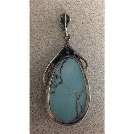925 Sterling Silver Signed Turquoise Pendant – Ornate Grape & Leaf Design