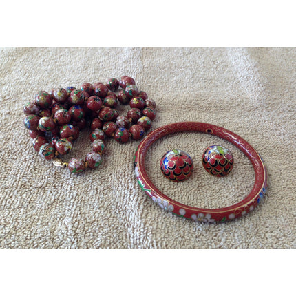 Vintage Cloisonné Necklace, Bangle Bracelet, and Clip Earrings Jewelry Set