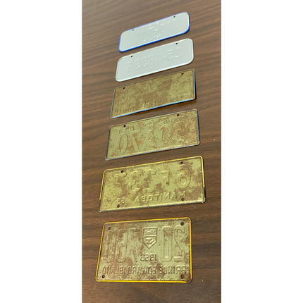 Lot of 6 Vintage Toy Bicycle License Plates – 1953 Canada & 1980s USA Metal Tags