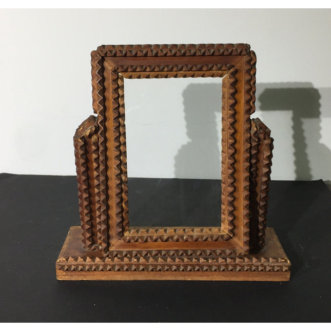 Vintage 1930s Tramp Folk Art Vanity Picture Frame –Wood & Glass, Swivels Up/Down